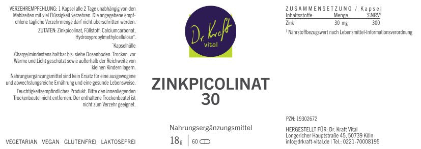 Zinkpicolinat 30 (60 Kapseln) - Dr. Kraft Vital Shop